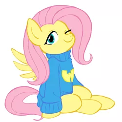 Size: 945x945 | Tagged: safe, artist:deeriojim, artist:megasweet, derpibooru import, fluttershy, pegasus, pony, clothes, female, mare, one eye closed, simple background, sitting, solo, sweater, sweatershy, white background, wu tang clan