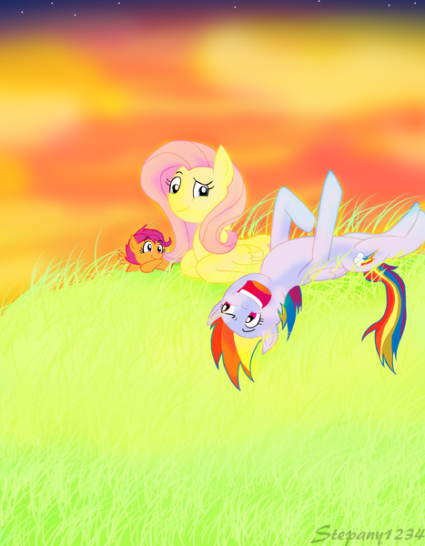 Size: 1700x2184 | Tagged: safe, artist:stepany1234, derpibooru import, fluttershy, rainbow dash, scootaloo, pegasus, pony, female, filly, grass, mare, on back, prone, sunset