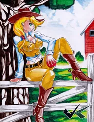 Size: 541x700 | Tagged: applebucking thighs, applejack, applejack's hat, artist:jadenkaiba, belly button, boots, breasts, busty applejack, cleavage, clothes, cowboy boots, cowboy hat, derpibooru import, female, fence, hat, human, humanized, midriff, safe, sitting, solo