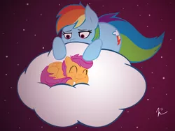 Size: 4000x3000 | Tagged: safe, artist:marshylawl, derpibooru import, rainbow dash, scootaloo, pegasus, pony, blank flank, cloud, curled up, cutie mark, duo, eyes closed, female, filly, foal, hooves, lying on a cloud, mare, night, on a cloud, sleeping, wings