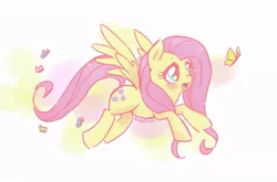 Size: 839x553 | Tagged: safe, artist:kelsea-chan, derpibooru import, fluttershy, butterfly, pegasus, pony, abstract background, female, flying, mare, solo