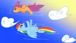 Size: 1920x1080 | Tagged: safe, artist:kalimdor89, derpibooru import, rainbow dash, scootaloo, pegasus, pony, cloud, female, filly, flying, flying lesson, mare, scootaloo can fly, scootalove, sky, upside down, wallpaper