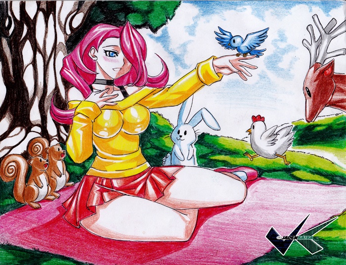 Size: 700x536 | Tagged: artist:jadenkaiba, bird, breasts, busty fluttershy, chicken, clothes, deer, derpibooru import, female, fluttershy, human, humanized, rabbit, safe, sitting, skirt, solo, squirrel, sweater, sweatershy