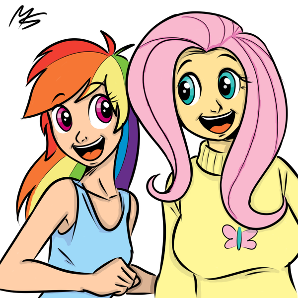 Size: 945x945 | Tagged: artist:megasweet, awesome face, breasts, busty fluttershy, clothes, derpibooru import, faic, female, fluttershy, human, humanized, may the best pet win, rainbow dash, safe, scene interpretation, simple background, sweater, sweatershy, white background