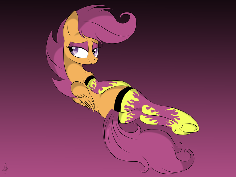 Size: 3072x2304 | Tagged: suggestive, artist:v-d-k, derpibooru import, scootaloo, pegasus, pony, bedroom eyes, clothes, female, filly, gradient background, high res, implied foalcon, sexy, side, socks, solo, solo female, stupid sexy scootaloo