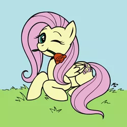 Size: 945x945 | Tagged: safe, artist:megasweet, derpibooru import, fluttershy, pegasus, pony, female, flower, flower in mouth, mare, mouth hold, one eye closed, prone, rose, solo, wink