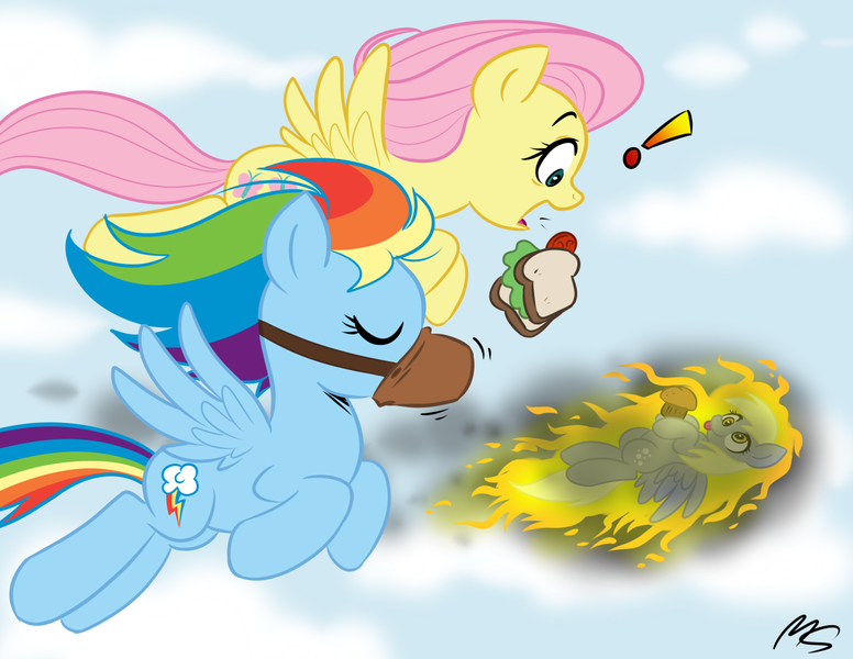 Size: 1232x952 | Tagged: safe, artist:megasweet, derpibooru import, derpy hooves, fluttershy, rainbow dash, pegasus, pony, :p, cloud, cloudy, eating, eyes closed, feed bag, female, fire, flying, food, horses doing horse things, krystal can't enjoy her sandwich, mare, muffin, on fire, sandwich, shocked, smiling, spread wings, tongue out, trio, upside down, wat