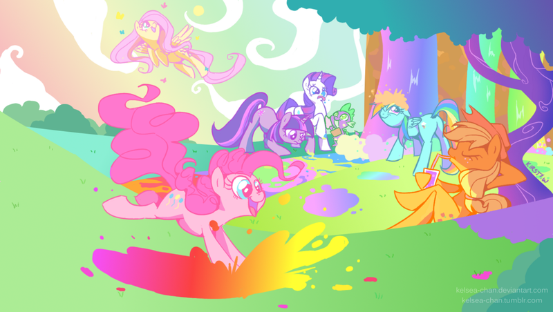 Size: 1280x723 | Tagged: safe, artist:kelsea-chan, derpibooru import, applejack, fluttershy, pinkie pie, rainbow dash, rarity, spike, twilight sparkle, dragon, earth pony, pegasus, pony, unicorn, rainbow falls, color porn, eyestrain warning, female, male, mane seven, mane six, mare, psychedelic, scenery, tree, waterfall