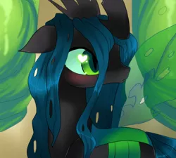 Size: 660x595 | Tagged: safe, artist:loyaldis, derpibooru import, queen chrysalis, changeling, changeling queen, blushing, cocoon, female, floppy ears, heart eyes, image, looking back, png, profile, slit eyes, solo, wingding eyes