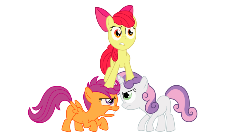 Size: 1955x1100 | Tagged: safe, artist:nikolaz15, derpibooru import, apple bloom, scootaloo, sweetie belle, earth pony, pegasus, pony, unicorn, the return of harmony, angry, cutie mark crusaders, equine pyramid, female, filly, simple background, standing on head, transparent background, vector