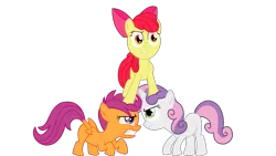 Size: 1955x1100 | Tagged: safe, artist:nikolaz15, derpibooru import, apple bloom, scootaloo, sweetie belle, earth pony, pegasus, pony, unicorn, the return of harmony, angry, cutie mark crusaders, equine pyramid, female, filly, simple background, standing on head, transparent background, vector