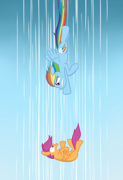 Size: 2050x3000 | Tagged: dead source, safe, artist:manateemckenzie, derpibooru import, rainbow dash, scootaloo, pegasus, pony, falling, female, filly, flying, high res, mare, scootaloo can't fly, this will end in tears and/or death