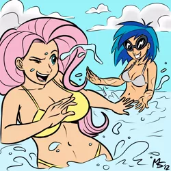 Size: 962x962 | Tagged: artist:megasweet, artist:reaver, belly button, bikini, breasts, busty fluttershy, busty vinyl scratch, clothes, derpibooru import, female, fluttershy, human, humanized, safe, splash, splashing, swimsuit, vinyl scratch, water, white swimsuit, yellow swimsuit