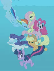 Size: 1944x2560 | Tagged: safe, artist:jbwarner86, artist:underwatertoons, derpibooru import, applejack, fluttershy, pinkie pie, rainbow dash, rarity, twilight sparkle, earth pony, pegasus, pony, unicorn, diving, female, mane six, mare, underwater, unicorn twilight, water