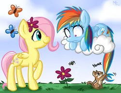 Size: 1347x1041 | Tagged: safe, artist:megasweet, derpibooru import, fluttershy, rainbow dash, bee, butterfly, chipmunk, pegasus, pony, cloud, cloudy, cute, cutie mark, dashabetes, female, filly, flower, flower in hair, foal, frown, hooves, lying on a cloud, on a cloud, prone, raised hoof, scared, shyabetes, standing, tail pull, wavy mouth, wide eyes, wings, young