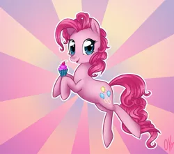 Size: 1275x1125 | Tagged: safe, artist:tamponandtwilaloop, derpibooru import, pinkie pie, earth pony, pony, abstract background, cupcake, female, food, looking at you, mare, solo