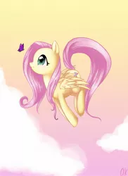 Size: 1275x1755 | Tagged: safe, artist:tamponandtwilaloop, derpibooru import, fluttershy, butterfly, pegasus, pony, cloud, cute, female, flying, looking at something, mare, profile, shyabetes, sky, solo