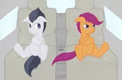 Size: 1013x660 | Tagged: safe, artist:elslowmo, artist:japananon, artist:昔の傷口, derpibooru import, rumble, scootaloo, pegasus, pony, car, colt, crossed hooves, female, filly, floppy ears, male, riding, rumbloo, shipping, sitting, straight, sweat