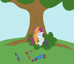Size: 994x857 | Tagged: safe, artist:elslowmo, derpibooru import, rumble, scootaloo, pegasus, pony, colt, female, filly, male, original artist unknown, rumbloo, scooter, shipping, sleeping, straight, tree