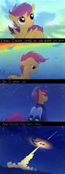 Size: 389x1050 | Tagged: dead source, safe, artist:tomatocoup, derpibooru import, scootaloo, pegasus, pony, artifact, cloud, comic, feather, feels, female, filly, helmet, implied rainbow dash, inspiration, jetpack, mare, scootaloo can fly, scootaloo can't fly, solo, space, spacesuit, stars, text, uplifting