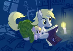 Size: 600x419 | Tagged: dead source, safe, artist:tomatocoup, derpibooru import, derpy hooves, dinky hooves, pegasus, pony, unicorn, book, candle, equestria's best mother, female, filly, mare, night, prone, reading