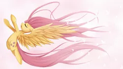 Size: 1500x844 | Tagged: safe, artist:jinzhan, derpibooru import, fluttershy, pegasus, pony, eyes closed, female, flying, large wings, long mane, long tail, mare, pretty, solo, windswept mane