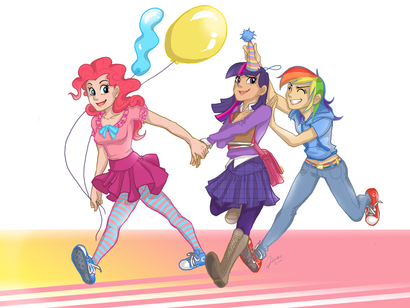 Size: 1606x1206 | Tagged: artist:ddhew, balloon, belly button, clothes, converse, derpibooru import, female, hat, human, humanized, midriff, party, party hat, pinkie pie, rainbow dash, safe, shoes, skirt, twilight sparkle