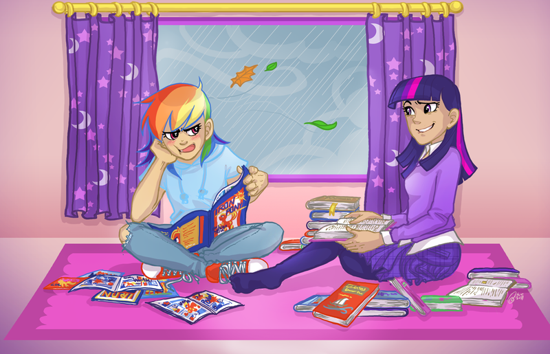 Size: 1234x795 | Tagged: safe, artist:ddhew, derpibooru import, rainbow dash, twilight sparkle, human, book, clothes, comic book, converse, female, humanized, lesbian, pantyhose, rain, reading, shipping, shoes, sitting, twidash