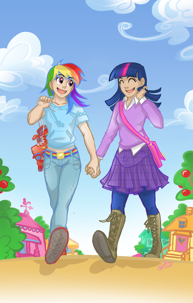 Size: 815x1278 | Tagged: safe, artist:ddhew, derpibooru import, rainbow dash, twilight sparkle, human, clothes, cute, female, holding hands, humanized, lesbian, midriff, shipping, skirt, twidash