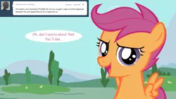 Size: 1280x720 | Tagged: safe, artist:jan, derpibooru import, scootaloo, pegasus, pony, ask the crusaders, female, filly, open mouth, solo, speech bubble