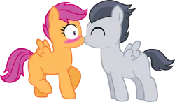 Size: 2540x1483 | Tagged: safe, artist:ludiculouspegasus, derpibooru import, rumble, scootaloo, pegasus, pony, blushing, boop, colt, female, filly, male, noseboop, nuzzling, rumbloo, shipping, simple background, straight, transparent background