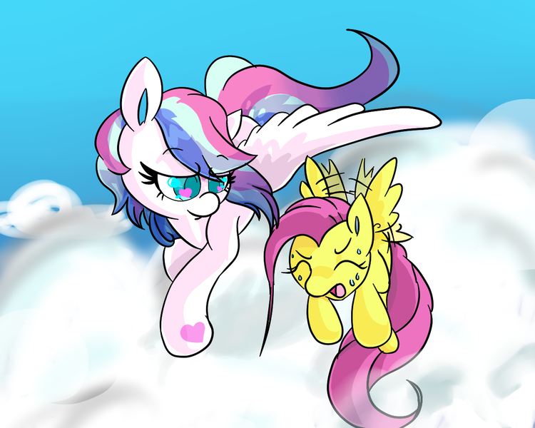 Size: 1280x1024 | Tagged: safe, artist:cotton, derpibooru import, fluttershy, star catcher, pegasus, pony, cloud, female, filly, flying, foal, g3, g3 to g4, g3betes, generation leap, heart eyes, mare, sweat, wingding eyes, younger