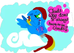 Size: 876x628 | Tagged: safe, artist:cotton, derpibooru import, thistle whistle, pegasus, pony, cloud, floppy ears, g3, g3 to g4, generation leap, nephophobia, solo, that pony sure does fear clouds