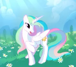 Size: 415x363 | Tagged: safe, artist:tomatocoup, derpibooru import, princess celestia, alicorn, pony, female, flower, grass, happy, looking back, mare, missing accessory, raised hoof, smiling, solo