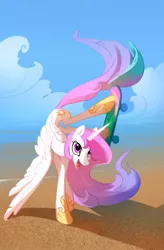 Size: 509x774 | Tagged: safe, artist:snowseed, artist:tomatocoup, derpibooru import, princess celestia, alicorn, pony, beach, female, mare, skateboard, solo, teenager, younger