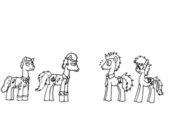 Size: 1168x828 | Tagged: safe, artist:skarius, derpibooru import, derpy hooves, doctor whooves, time turner, earth pony, pegasus, pony, community, crossover, female, inspector spacetime, male, mare, monochrome, simple background, stallion, white background