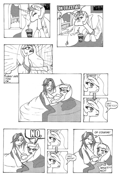 Size: 964x1425 | Tagged: suggestive, artist:dankodeadzone, derpibooru import, princess celestia, princess luna, oc, alicorn, pony, bed, canon x oc, female, lesbian, mare, monochrome, shipping, spit take