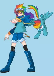 Size: 800x1132 | Tagged: safe, artist:gomigomipomi, derpibooru import, rainbow dash, human, pegasus, pony, blue background, boots, female, goggles, human ponidox, humanized, mare, self ponidox, shoes, simple background, skinny