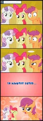 Size: 1320x3680 | Tagged: safe, artist:jan, derpibooru import, apple bloom, scootaloo, sweetie belle, earth pony, pegasus, pony, unicorn, ask the crusaders, picture perfect pony, abstract background, alternate hairstyle, comic, cutie mark crusaders, female, filly