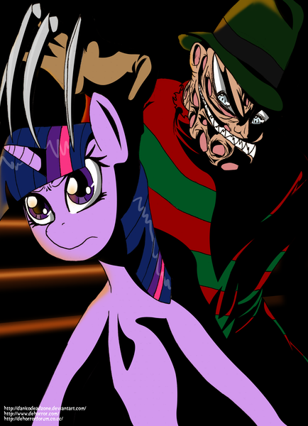 Size: 1572x2172 | Tagged: semi-grimdark, artist:dankodeadzone, artist:dz-aladan, derpibooru import, twilight sparkle, human, pony, unicorn, a nightmare on elm street, brave, claws, determined, fedora, female, freddy krueger, hat, male, mare, purple eyes, purple fur, sharp teeth, teeth, unicorn twilight