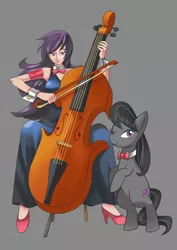Size: 800x1132 | Tagged: safe, artist:gomigomipomi, derpibooru import, octavia melody, earth pony, human, pony, bow (instrument), cello, clothes, dress, female, gray background, high heels, human ponidox, humanized, mare, musical instrument, one eye closed, rearing, self ponidox, shoes, simple background, wink