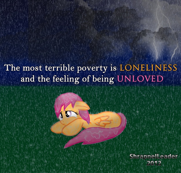 Size: 2469x2361 | Tagged: safe, artist:shrapnelleader, derpibooru import, scootaloo, pegasus, pony, abandoned, alone, crying, depressing, female, filly, floppy ears, high res, lightning, lonely, quote, rain, sad, scootalone, solo, thunderstorm, wet mane