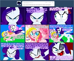 Size: 1627x1356 | Tagged: safe, artist:terry, derpibooru import, opalescence, rarity, rarity (g3), sweetie belle, pony, unicorn, ask lil miss rarity, lil-miss rarity, ask, bad end, bishie, bishonen, colt, comic, female, fourth wall, male, mare, older, older sweetie belle, you're the father