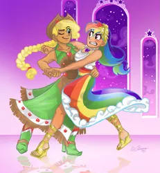 Size: 1347x1457 | Tagged: safe, artist:ddhew, derpibooru import, applejack, rainbow dash, human, appledash, braid, clothes, dancing, dress, female, gala dress, humanized, lesbian, one eye closed, reflection, sandals, shipping, tsunderainbow, tsundere, wink