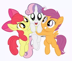Size: 1182x1000 | Tagged: safe, artist:empty-10, derpibooru import, apple bloom, scootaloo, sweetie belle, earth pony, pegasus, pony, unicorn, adorabloom, cute, cutealoo, cutie mark crusaders, diasweetes, female, filly, holding a pony, hug, simple background, white background