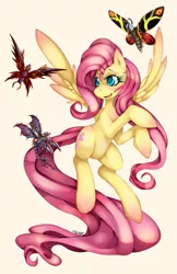 Size: 647x1000 | Tagged: source needed, safe, artist:slugbox, derpibooru import, fluttershy, butterfly, kaiju, pegasus, pony, battra, blushing, colored pupils, crossover, cute, featureless crotch, female, flying, godzilla (series), mare, megaguirus, mothra, open mouth, photoshop, shyabetes, signature, simple background, smiling, solo, spread wings, yellow background