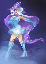 Size: 822x1142 | Tagged: armpits, artist:ddhew, boots, cape, clothes, derpibooru import, evening gloves, female, hat, high heel boots, human, humanized, magic, safe, solo, trixie, trixie's cape, trixie's hat, wand