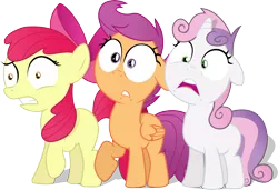 Size: 6346x4346 | Tagged: artist needed, dead source, safe, artist:regolithx, derpibooru import, apple bloom, scootaloo, sweetie belle, earth pony, pegasus, pony, unicorn, absurd resolution, bow, cutie mark crusaders, faic, female, filly, floppy ears, frown, gritted teeth, open mouth, raised hoof, reaction, reaction image, scared, shock, simple background, transparent background, vector, wide eyes