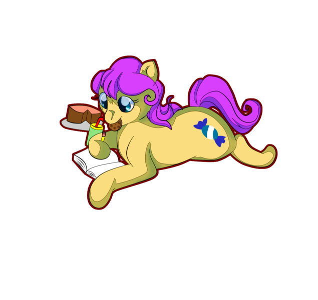 Size: 1366x1290 | Tagged: safe, artist:cotton, derpibooru import, bon bon (g1), earth pony, pony, my little pony tales, book, cookie, female, food, g1, mare, mouth hold, prone, simple background, solo, transparent background, writing