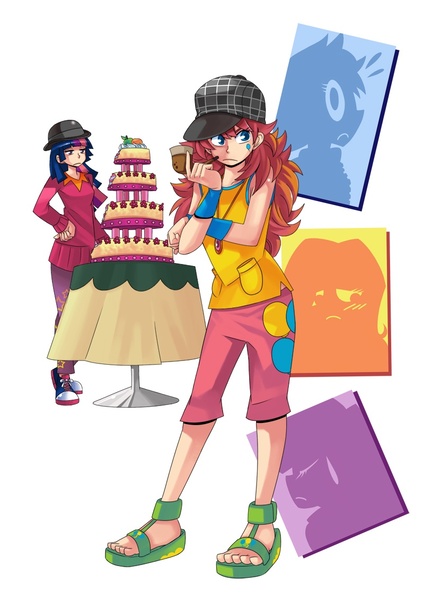 Size: 800x1132 | Tagged: artist:gomigomipomi, bowler hat, cake, converse, deerstalker, derpibooru import, female, food, hat, human, humanized, marzipan mascarpone meringue madness, mmmystery on the friendship express, pinkie pie, safe, sandals, shoes, twilight sparkle